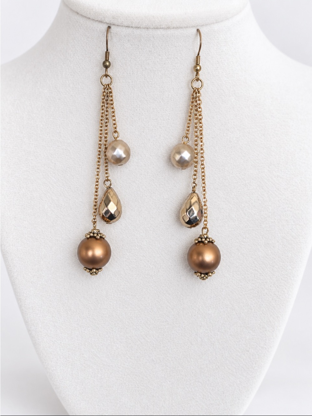 Gold-Tone Bronze & Champagne Beaded Chain Dangle Earrings